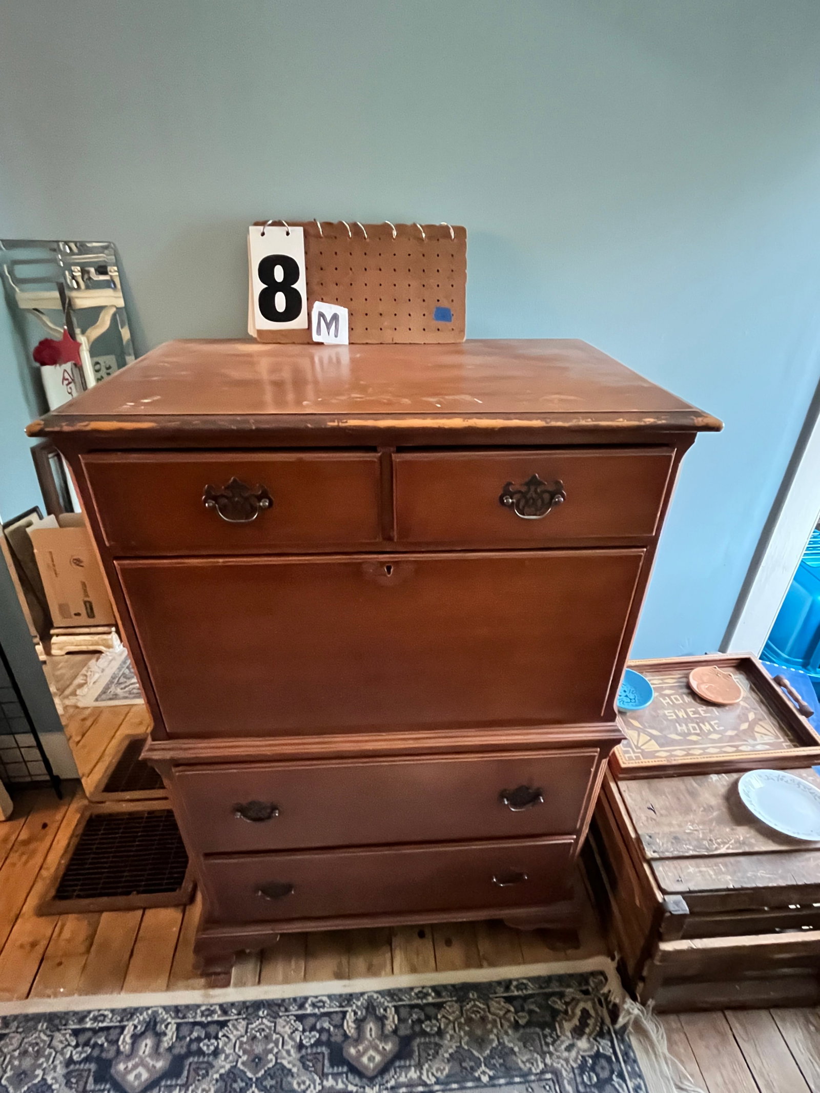 Slant Font Maple Desk Circa 1940s: Sland front maple desk circa 1940s. 31"w x 18.5"d x 47.25. See photos. Please read the Terms and Conditions of this auction THOROUGHLY for IMPORTANT bidder information.