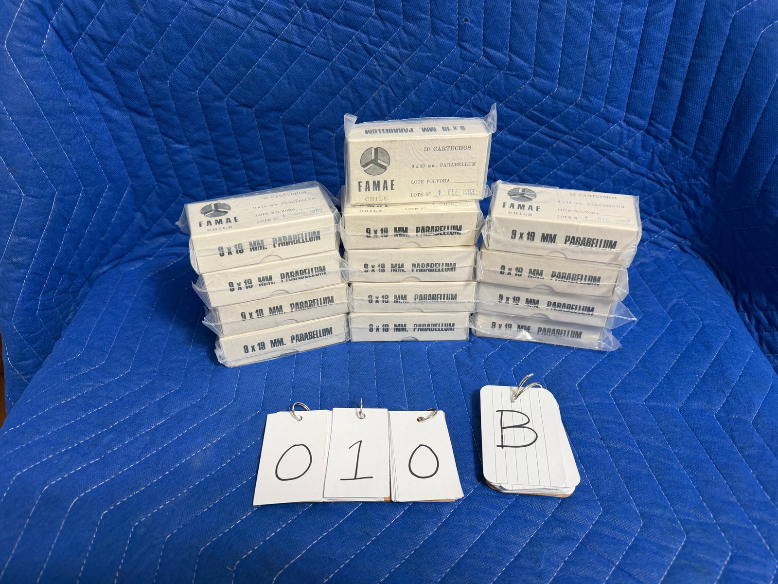 9x19mm Parabellum Ammo: 9x19mm Parabellum ammunition. 13 boxes of Famae Chile. 650 rounds total. See photos. Please read the Terms and Conditions of this auction THOROUGHLY for IMPORTANT bidder information.