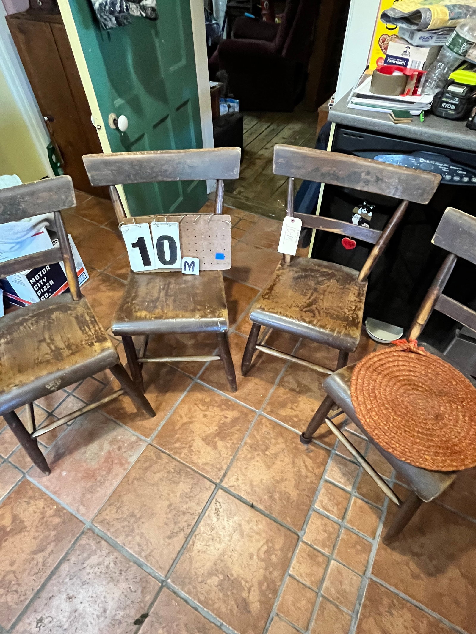 Four Matching 19c Chairs with Original Paint: Four matching 19th century chairs with original paint. 13.75"w x 15"d x 31"h. See photos. Please read the Terms and Conditions of this auction THOROUGHLY for IMPORTANT bidder information.