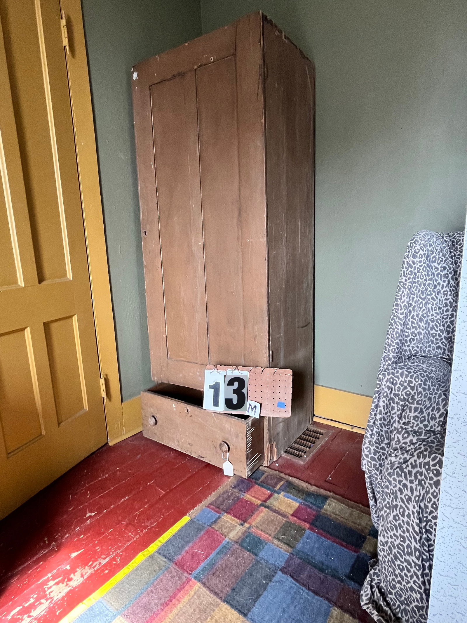 Early Dovetailed Wardrobe with One Drawer: Early dovetailed wardrobe with one drawer. Dove tailed top and bottom boards. Some damage to the base (missing wood). 27"w x 22"d x 72"h. See photos. Please read the Terms and Conditions of this