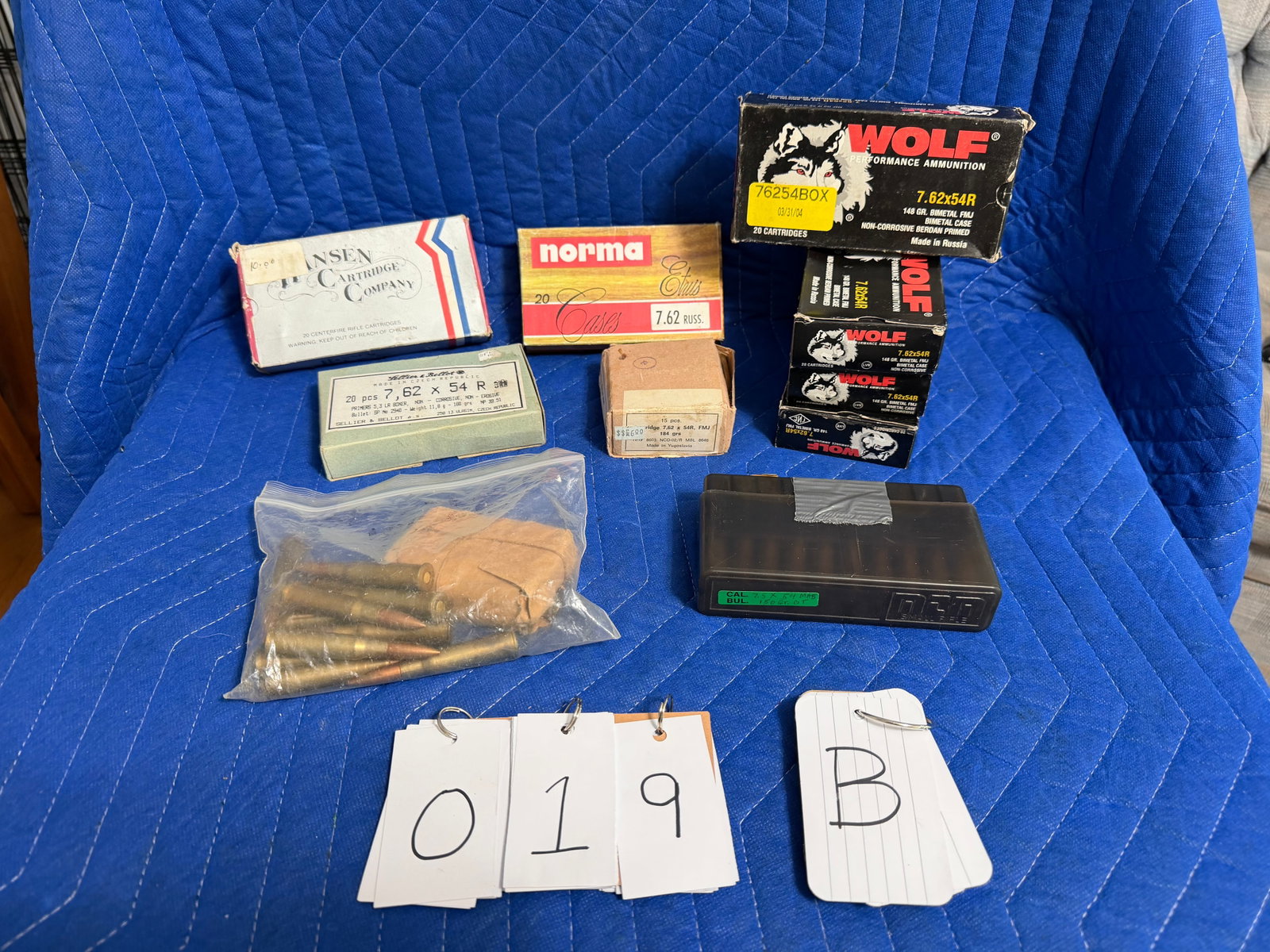 7.62x54R Ammo: 7.62x54R ammunition. Four boxes of Wolf, 148 grain FMJ (80 rounds). One box of Sellier & Bellot, 180 grain (20 rounds). One box of Norma, FMJ reloads (20 rounds). One box of Hansen Cartridge Co., 182