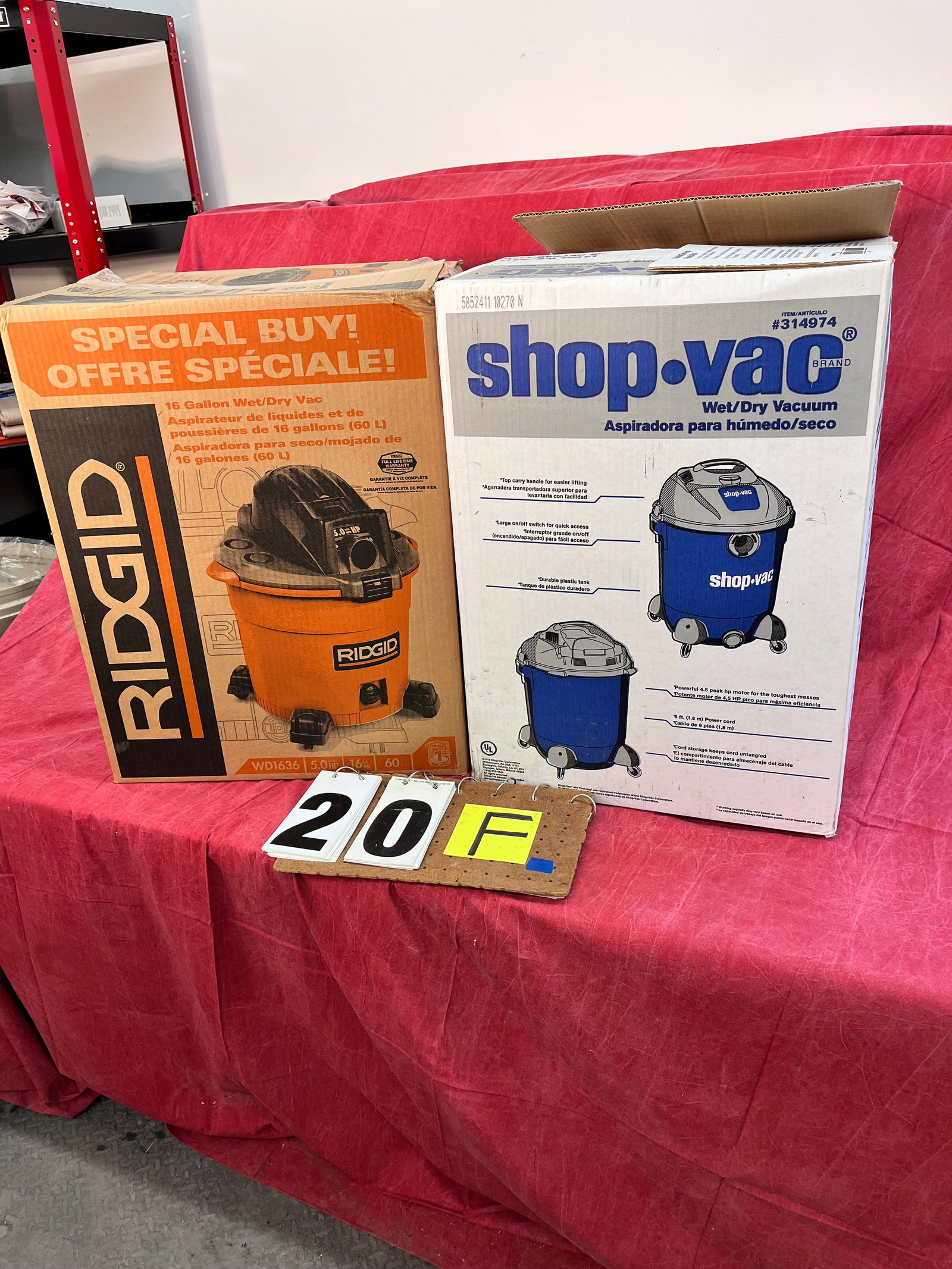 Two New Shop Vacs: Two new in the box shop vacs. One Ridgid 16 gallon wet dry vac, 20" x 20" x 26"h. One Shop Vac wet dry vac, Serial No. 314974, 18"w x 18"w x 26"h. See photos. Please read the Terms and Conditions of