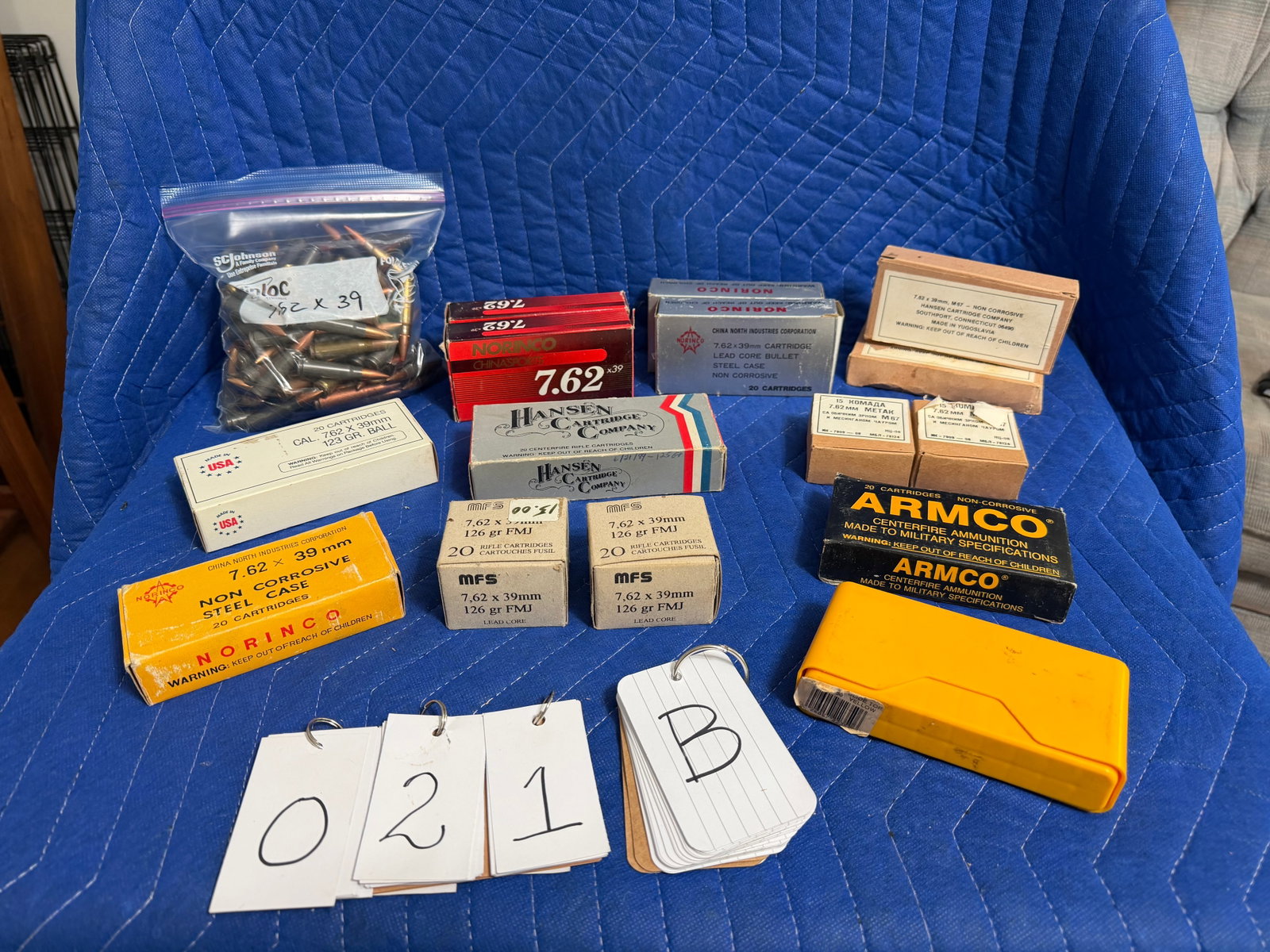 7.62x39mm Ammo: 7.62x39mm ammunition. Five boxes of Norinco, 122 grain FMJ (100 rounds). One box of USA, 123 grain ball (20 rounds). Three boxes of Hansen Cartridge Co. (58 rounds). Two boxes of MFS, 126 grain FMJ (4