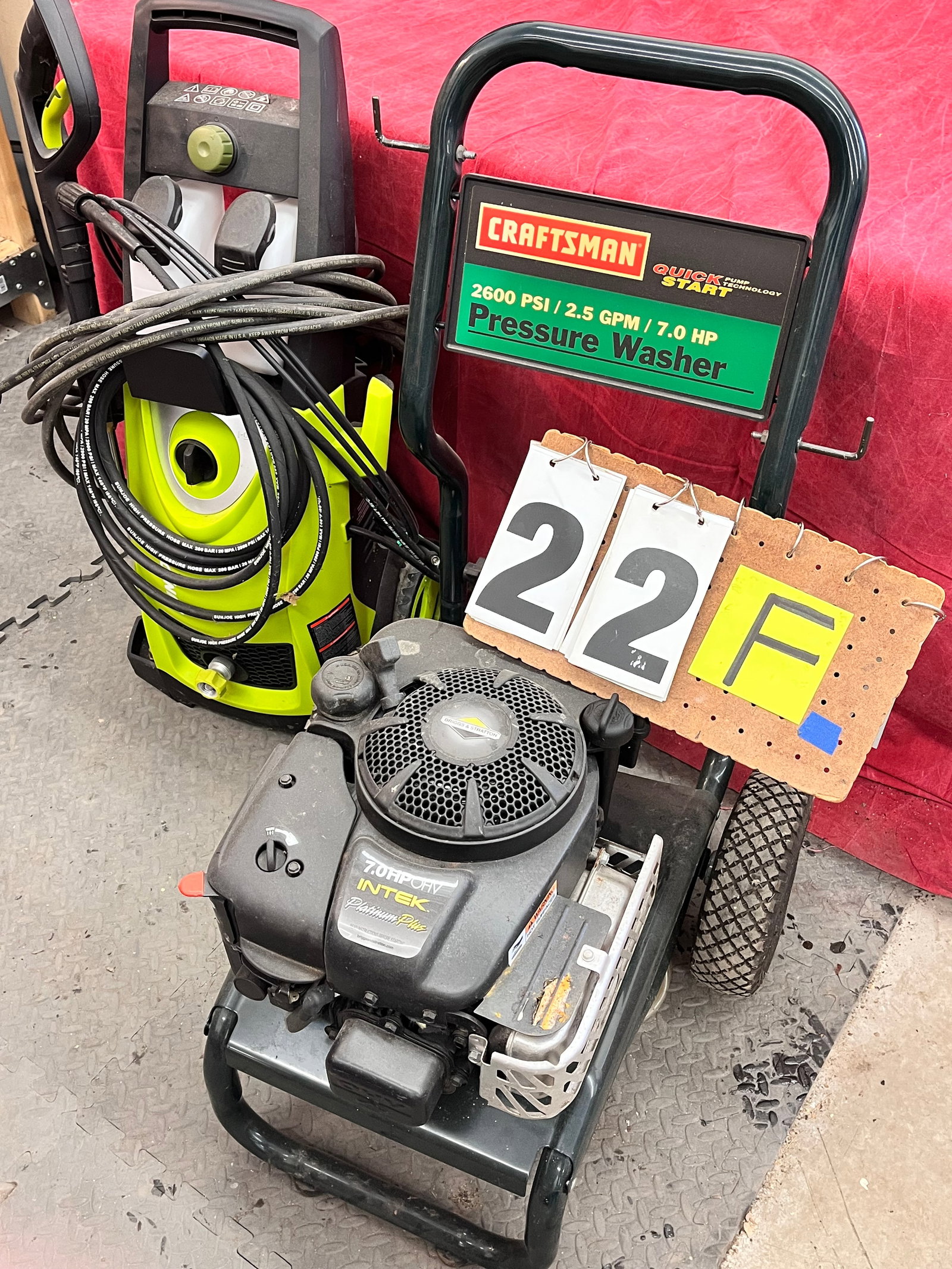 Two Pressure Washers: Two pressure washers. One Intek 2600 PST 7HP Quick Start gas pressure washer. 21"w x 22"d x 36"h. One Sunjoe Electric Model SPX 2000 pressure washer with five tips. 14.5"w x 13"d x 34"h. See photos.