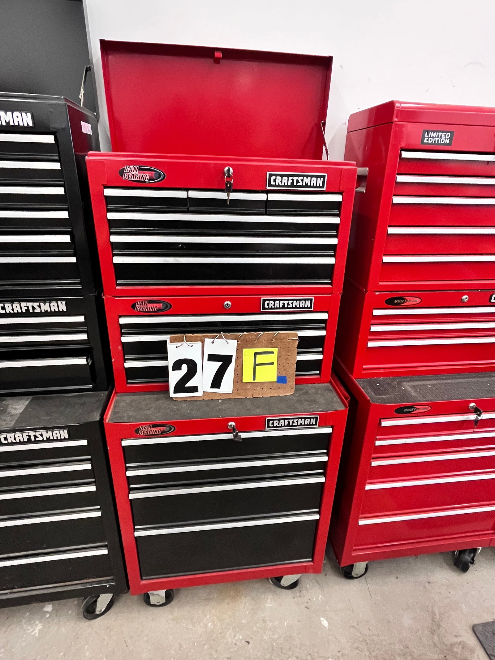 Craftsman Rolling Tool Chest: Craftsman rolling tool chest. In like new condition. 13 drawers with keys. 26"w x 19"d x 65"h. Top is 12"d. See photos. Please read the Terms and Conditions of this auction THOROUGHLY for IMPORTANT