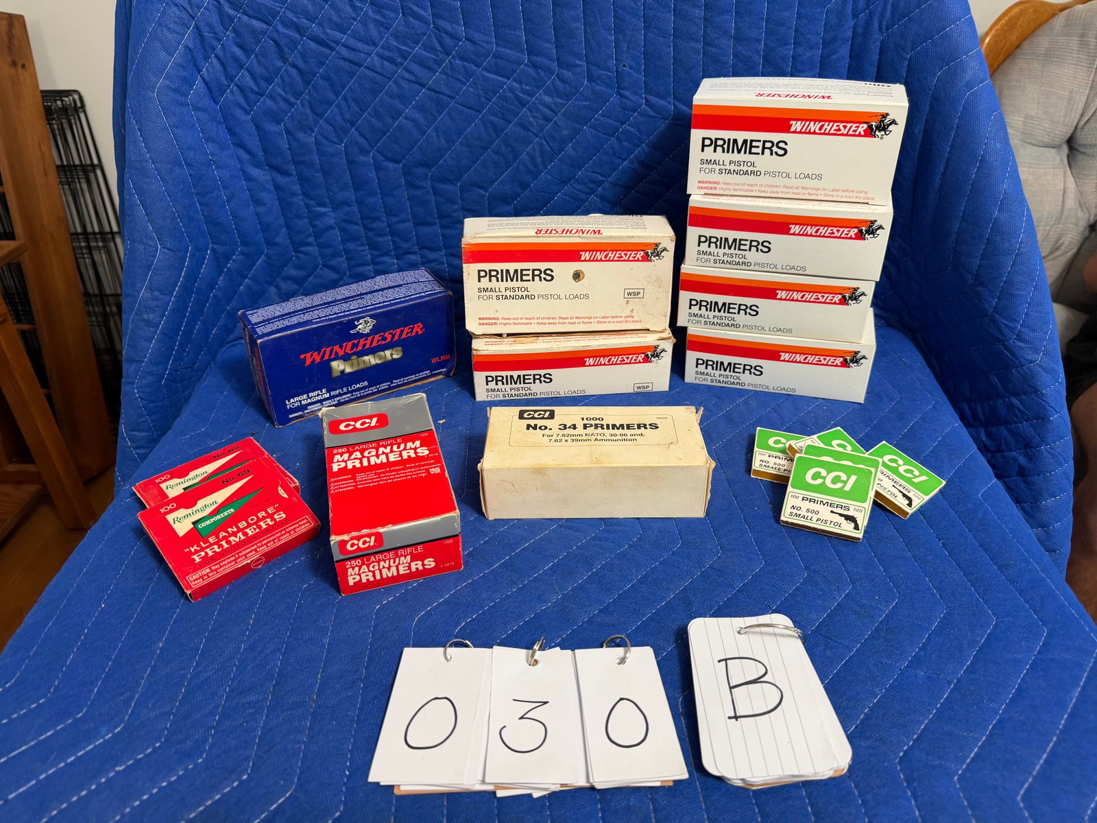 Assorted Lot of Primers: Assorted lot of primers. Six boxes of Winchester No. WSP small pistol primers (5700 primers). One box of Winchester WLRM large rifle primers (1000 primers). One box of CCI No. 250 large rifle primers