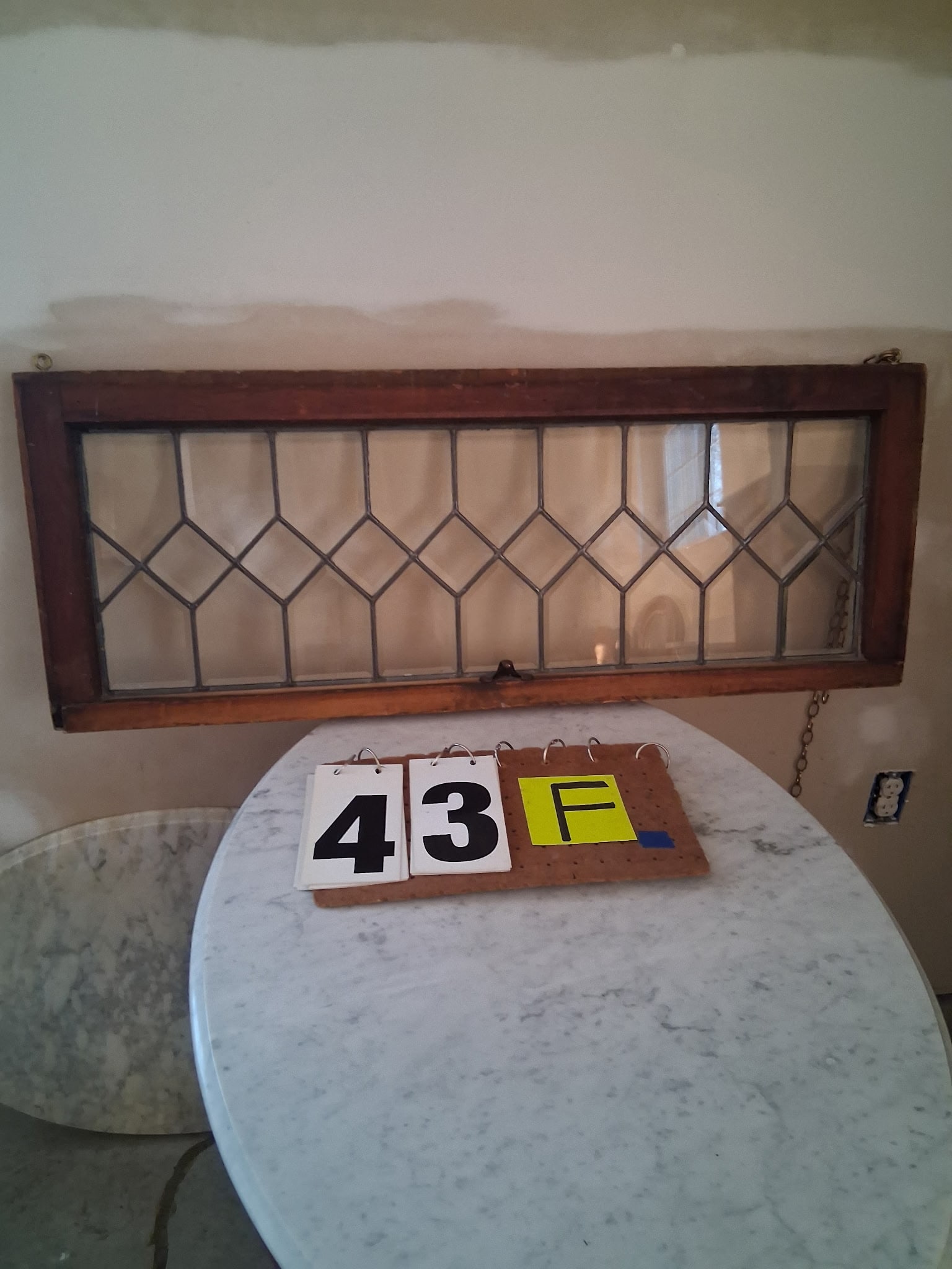 1890s American Leaded Beveled Glass Hanging Window: 1890s American leaded beveled glass hanging window. In perfect condition. 40"w x 15.5"h x 2"d. See photos. Please read the Terms and Conditions of this auction THOROUGHLY for IMPORTANT bidder