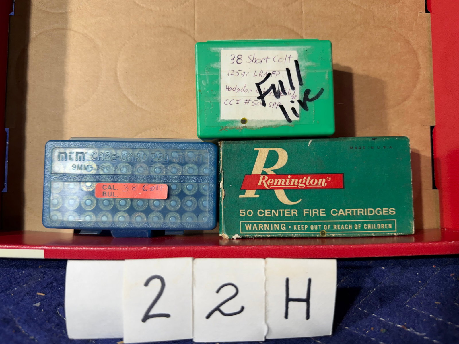 38 Short Colt Ammo: 38 Short Colt ammunition. One factory box of Remington, 125 grain lead (40 rounds). 42 loose reloaded rounds of 125 grain lead. 50 additional reloaded rounds. 132 rounds total. See photos.