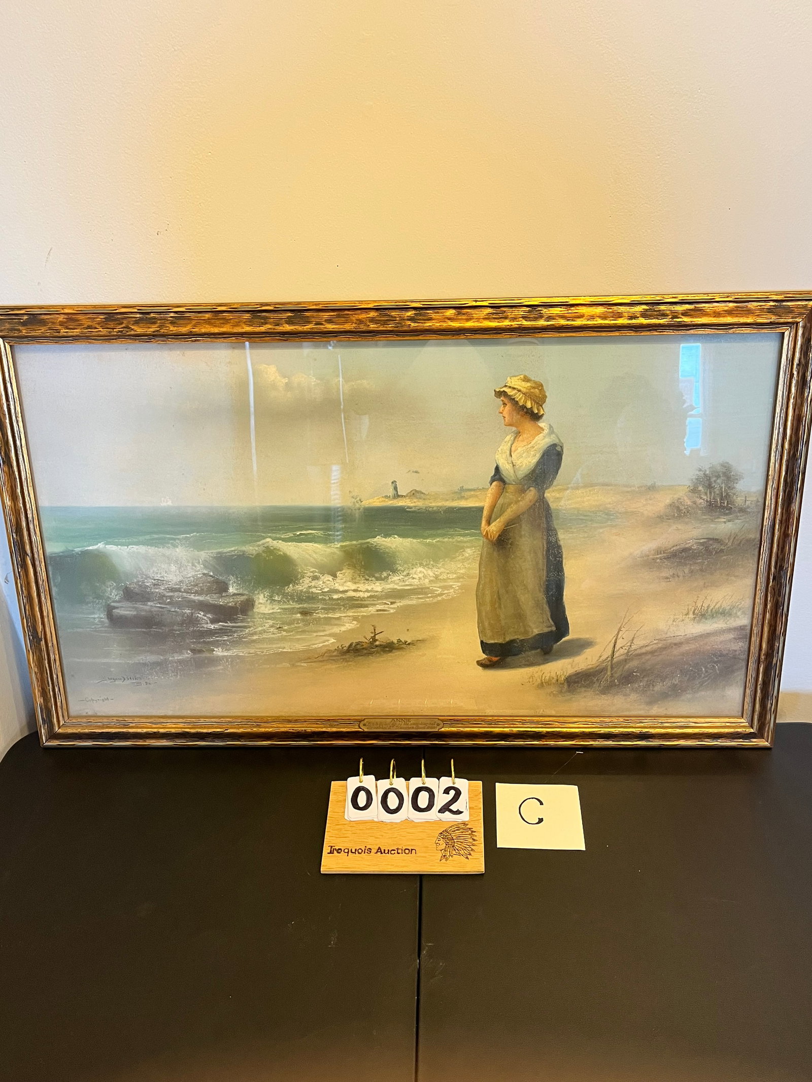 Listed Pastel Painting of Seascape with Woman: Listed pastel painting of seascape with woman. Frame is 34.25"w x 20.5"h. Painting is 31.125"w x 17.25"h. See photos. Please read the Terms and Conditions of this auction THOROUGHLY for IMPORTANT bidd