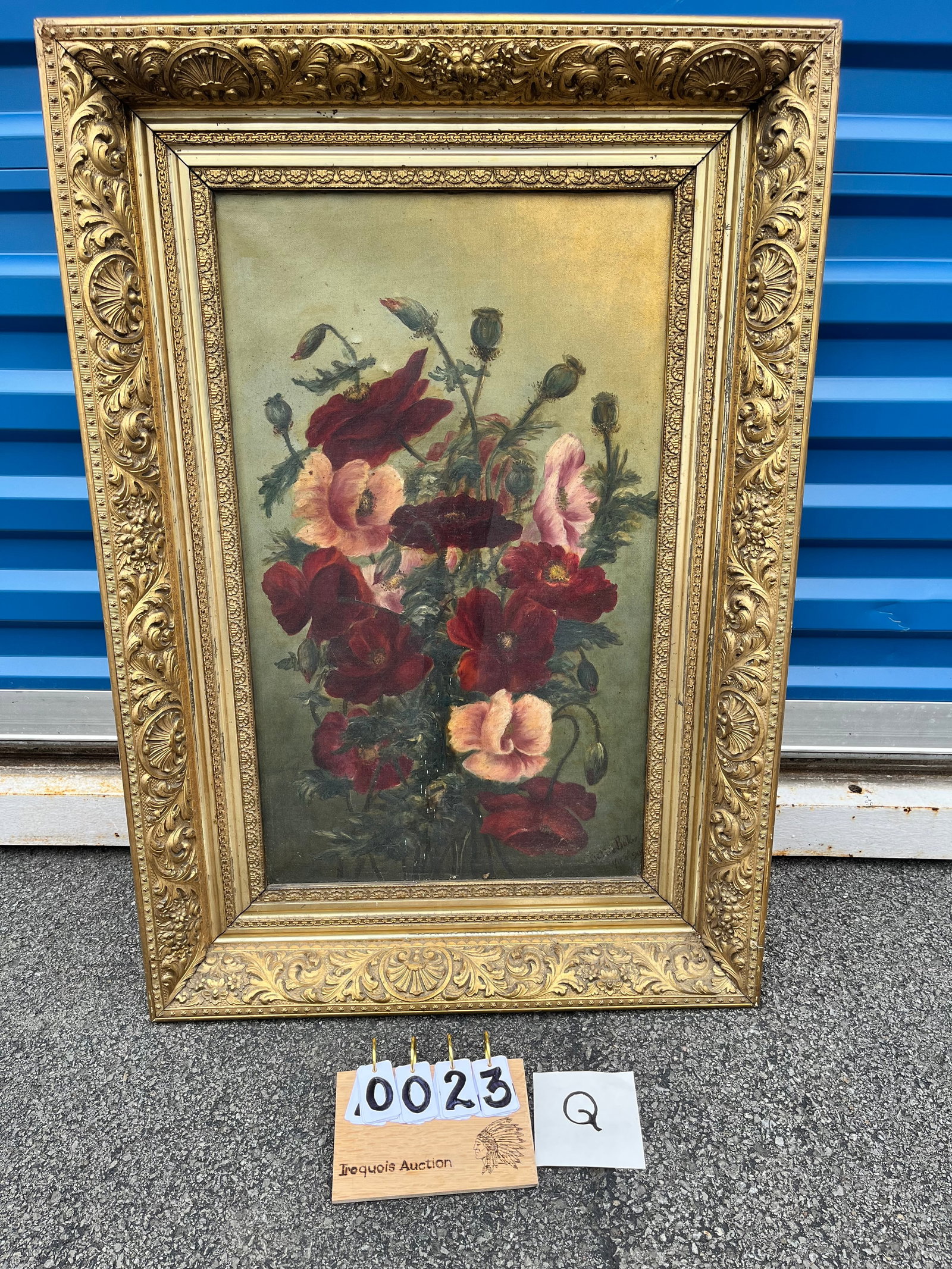 19c Oil on Canvas Painting of Poppies: 19th century oil on canvas painting of poppies in a nice frame. Canvas has some damage. Signed Nettie Baker, dated 1890. Frame is 23.125"w x 33.25"h. Painting is 14.75"w x 24.75"h. See photos. Please 