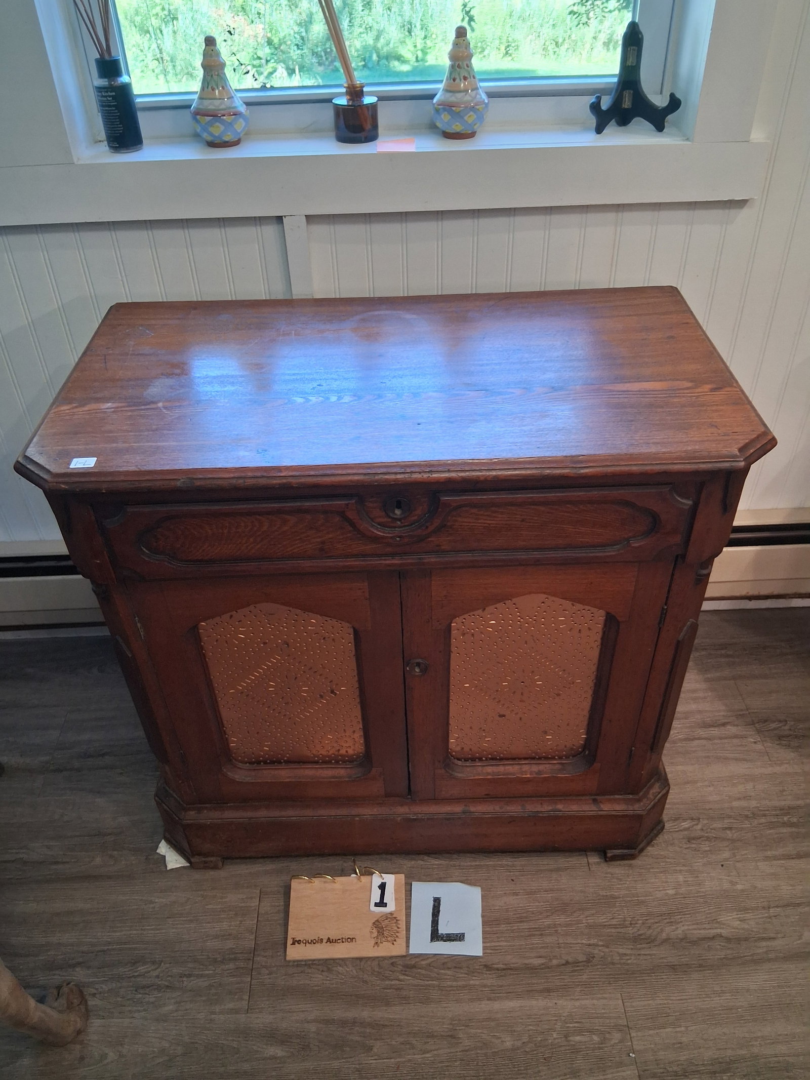 1890s American Ash Refinished One Drawer Commode: 1890s American ash refinished one drawer commode. 30"w x 16.5"d x 29"h. See photos. Please read the Terms and Conditions of this auction THOROUGHLY for IMPORTANT bidder information.