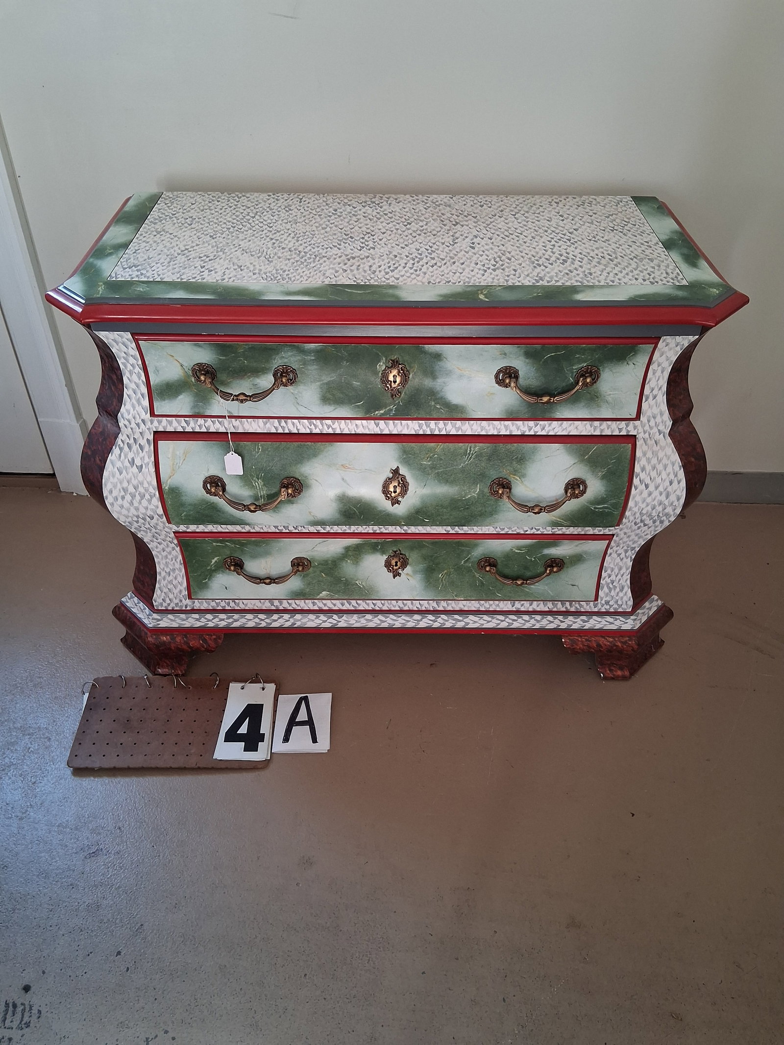 Century Three Drawer Children's Dresser: Century three drawer hand painted children's dresser. Painted in a Mackenzie Childs manner. 41.5"w x 30.25"d x 20"h. See photos. Please read the Terms and Conditions of this auction THOROUGHLY for
