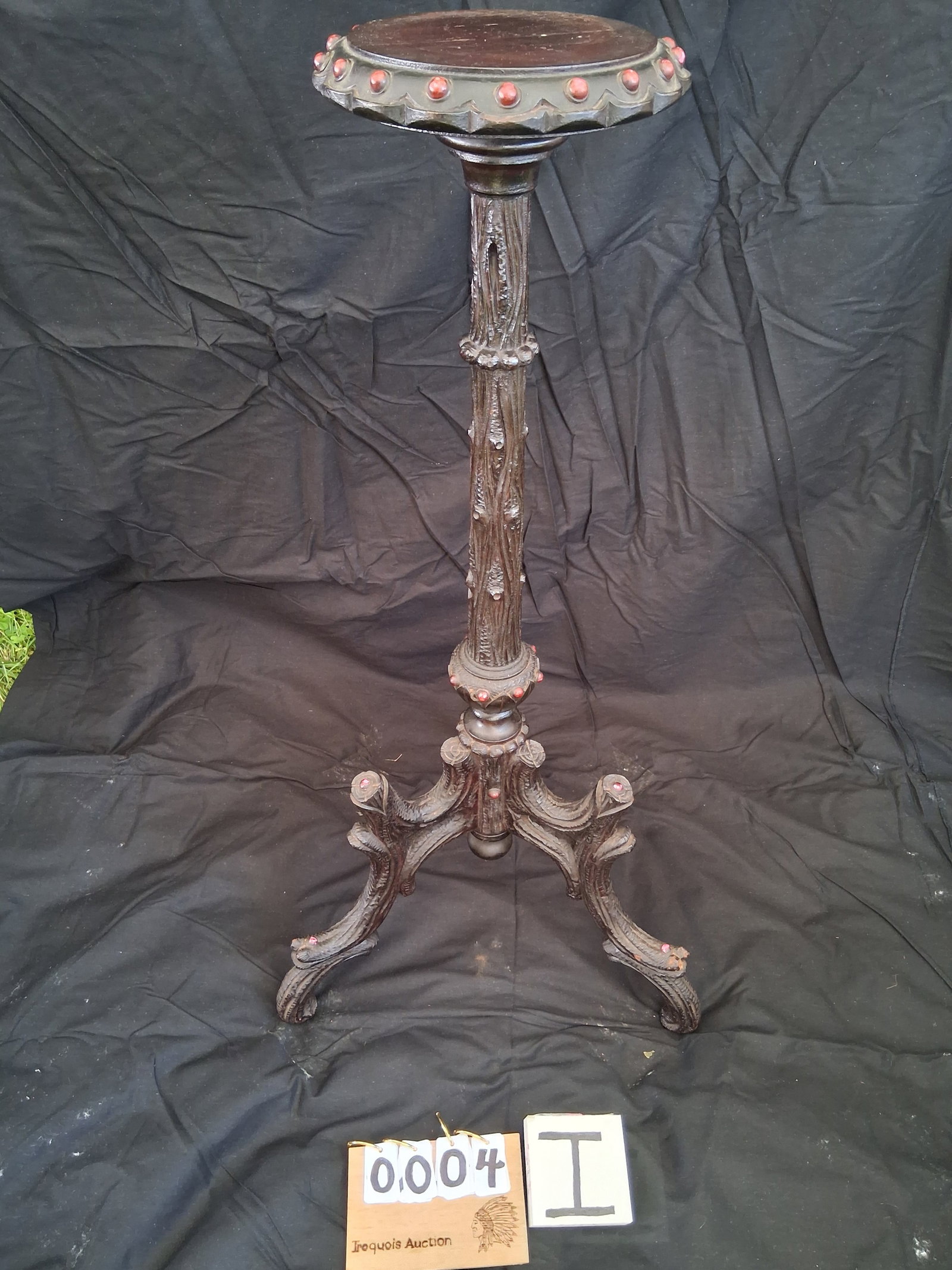 1890s Black Forest Walnut Hand Carved Plant Stand: 1890s Black Forest walnut hand carved plant stand with red stone insert. 9"w x 9"d x 35.75"h. See photos. Please read the Terms and Conditions of this auction THOROUGHLY for IMPORTANT bidder