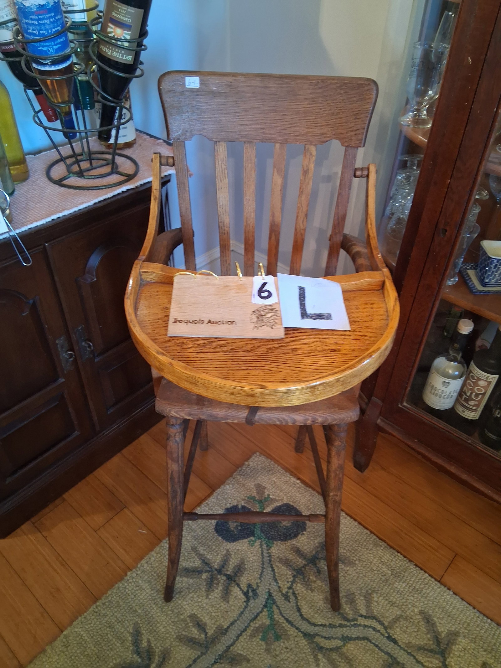 1890s American Oak High Chair: 1890s American oak high chair. Missing foot rest. 17.5"w x 22"d x 40"h. See photos. Please read the Terms and Conditions of this auction THOROUGHLY for IMPORTANT bidder information.