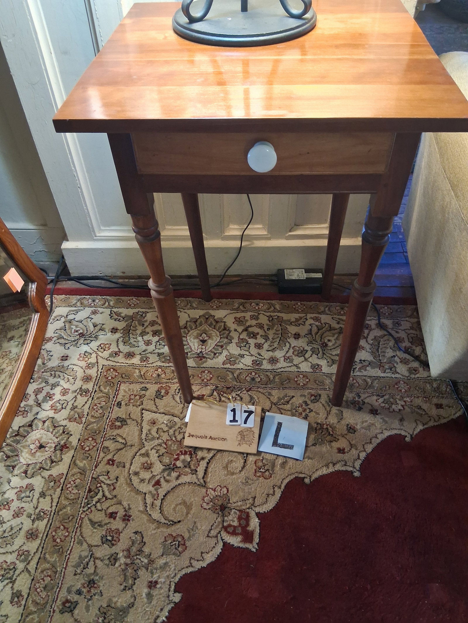 1830s American Cherry One Drawer Stand: 1830s American cherry one drawer stand. 20.25"w x 20.25"d x 29"h. See photos. Please read the Terms and Conditions of this auction THOROUGHLY for IMPORTANT bidder information.