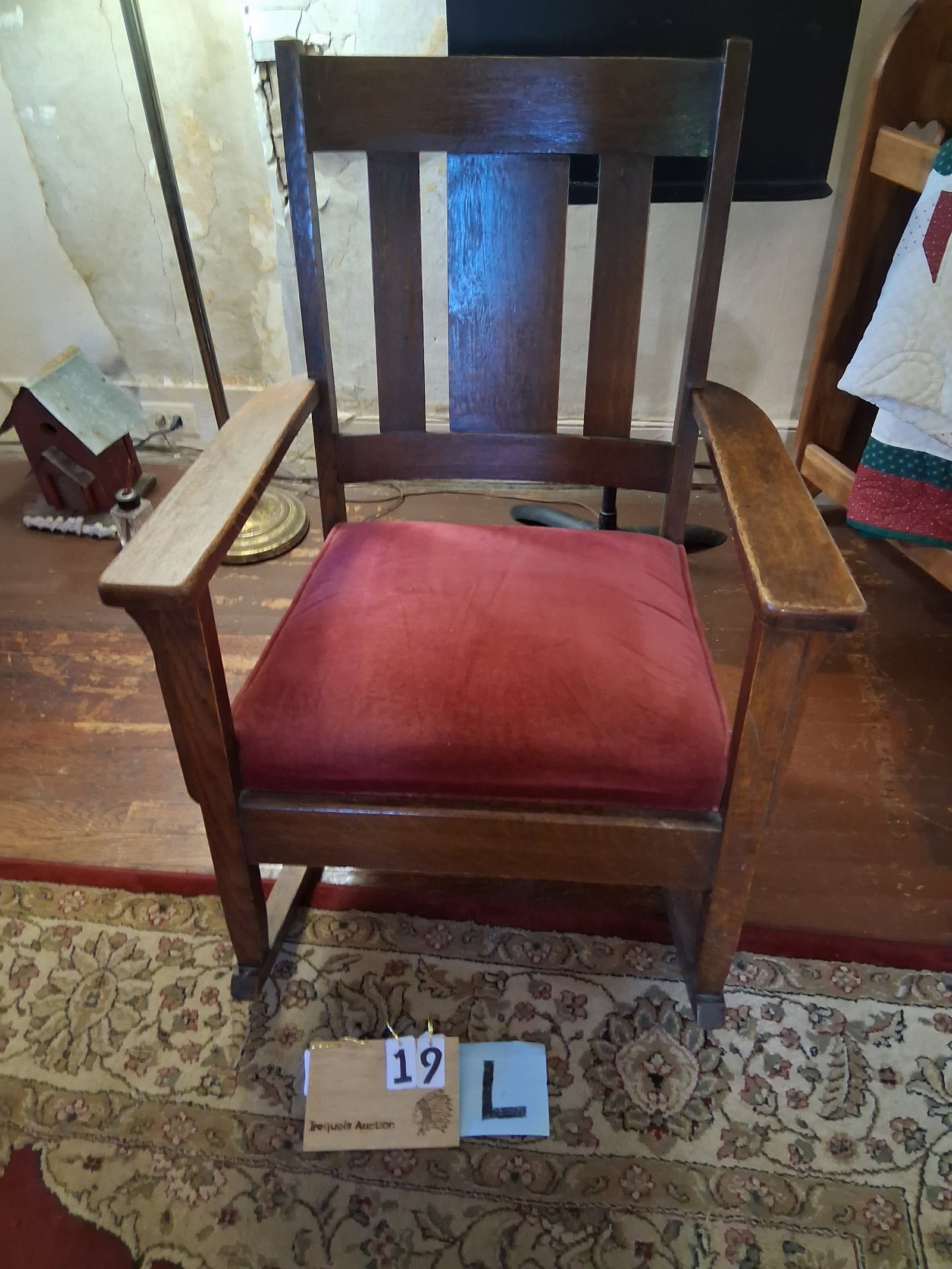 Early 1900s Mission Oak Armed Rocker: Early 1900s mission oak armed rocker. 53"w x 32"d x 34"h. See photos. Please read the Terms and Conditions of this auction THOROUGHLY for IMPORTANT bidder information.