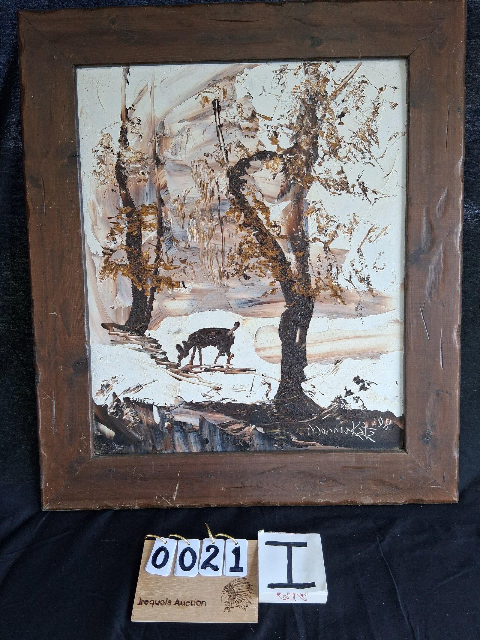 Signed Morris Katz Oil on Board Painting: Signed Morris Katz (listed artist) oil on board painting of deer, dated 1981. Frame is 26.5"w x 30.5"h. Painting is 19.5"w x 23.5"h. See photos. Please read the Terms and Conditions of this auction TH