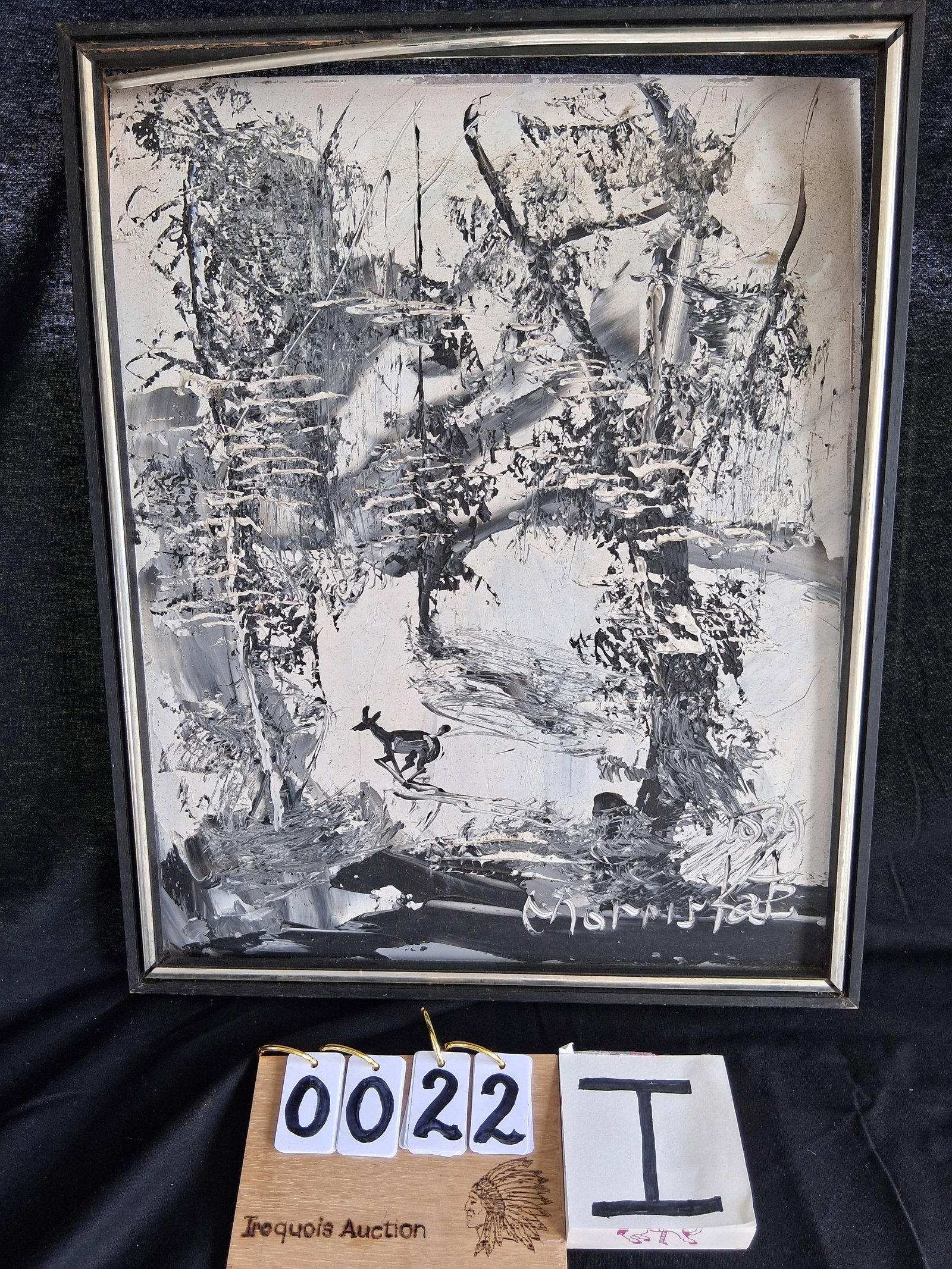 Signed Morris Katz Oil Painting: Signed Morris Katz (listed artist) oil painting of deer in winter, dated 1979. Frame is 17"w x 21"h. Painting is 15.5"w x 19.75"h. See photos. Please read the Terms and Conditions of this auction THOR