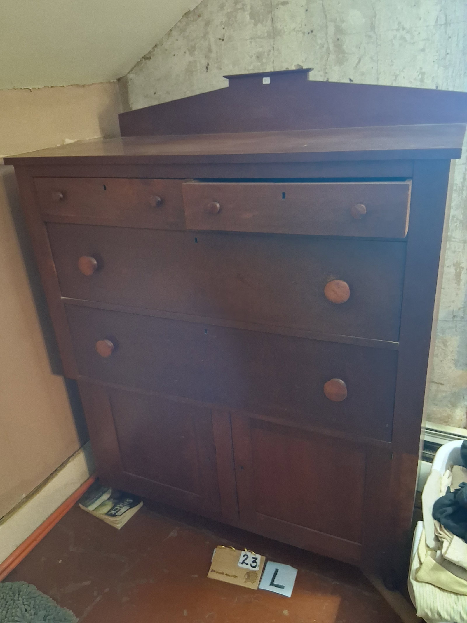 1830s American Solid Cherry Four Drawer Dresser with Two Doors: 1830s American solid cherry four drawer dresser with two doors. 44.75"w x 22"d x 56.75"h. See photos. Please read the Terms and Conditions of this auction THOROUGHLY for IMPORTANT bidder information.