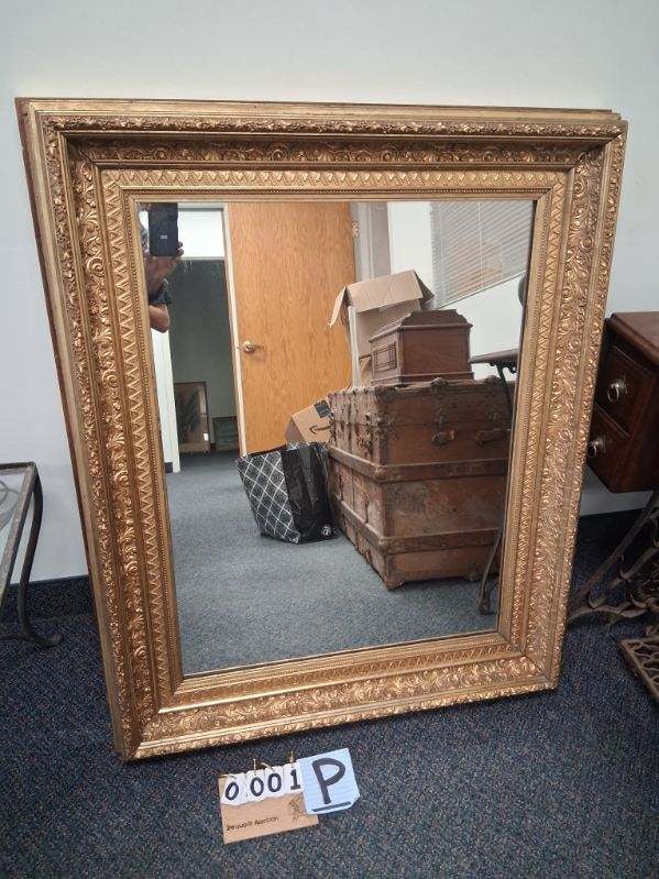 19c Gold Framed Mirror: 19th century gold framed mirror. Frame is 31"w x 44"h. Mirror is 25.375"w x 33.5"h. See photos. Please read the Terms and Conditions of this auction THOROUGHLY for IMPORTANT bidder information.