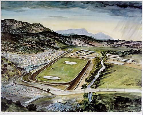 Peter Hurd New Mexico (1904-1984): THE RACE TRACKlithograph, framedsigned & numbered: lower margin in pencil, 31/100 image size: H22 1/2" W28 1/2"@Prov:*Artist biography: A regionalist painter known for his landscape, figure and gen
