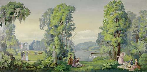 John William Orth California (1889-1976): SOUTHERN LANDSCAPE WITH FIGURESoil on board, framedsigned & dated: lower right, 1953 H15" W29 1/2" *Artist biography: Orth died in Santa Ana in 1976, and he was one of the last in that area to paint i