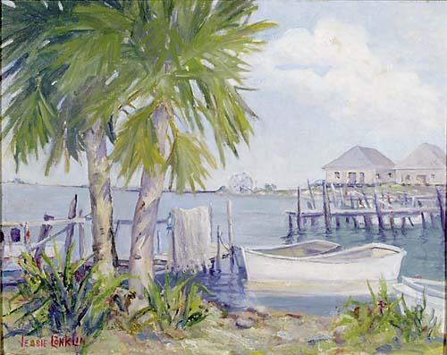 Jessie M C Conklin American (mid 20th century): PEACEFUL DAY, GASPARILLA, FLORIDAoil on artist board, framedsigned, dated & titled: lower left and verso, 1962 H16" W19 1/2" *Note: Bearing Smithsonian Museum label of the Miniature Painters, Sculptor