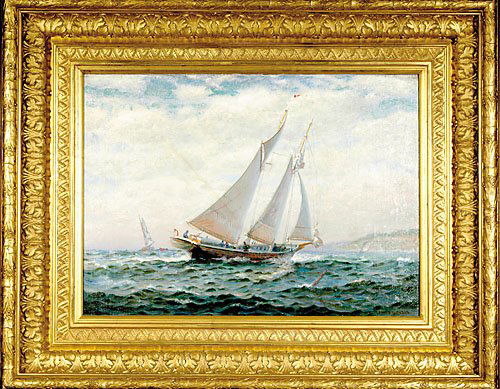 James Gale Tyler: James Gale Tyler Connecticut (1855-1931)YACHT RACE AT TWILIGHT, oil on canvas, framed, signed: lower right, James G. TylerH16" W22"*Artist biography: One of America's foremost marine artists, James Ga