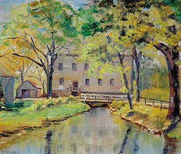John Pierce Barnes: John Pierce Barnes Pennsylvania (1893-1952)A HOUSE ON THE RIVERoil on board, framed, signed: lower leftH10" W12"*Artist biography: Born in Philadelphia, John Barnes was a commercial artist and landsca