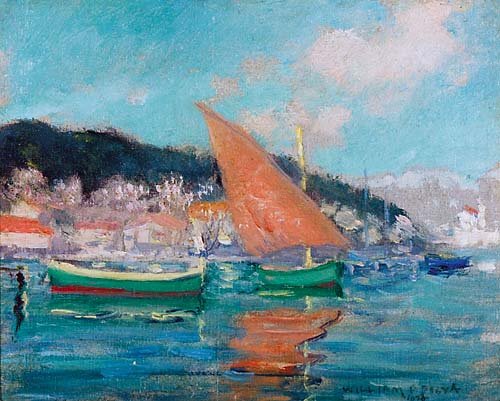 Silva, William Posey American, CA (1859-1948): FISHING BOAT-CAVALIERE-"THE MEDI" (near Tuseon? France) oil on board, framed signed & dated: lower right, William Silva 1928 H8" W10" @Prov:*Note: Bearing Silva's label on verso, and penciled title