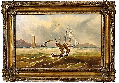 Drew, Clement: Drew, Clement American MA (1806-1889) WATER SCENE WITH LIGHTHOUSE oil on canvas, framed signed & dated: lower right, 1873 H14" W22" *Biography: Born in Kingston, Massachusetts, Clement Drew settled in