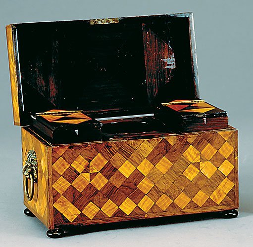 English satinwood and walnut parquetry tea caddy