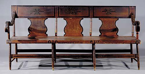 American painted pine tripleback bench: American painted pine tripleback bench early 19th centuryback with flat crest and shaped splats flanked by plain turnings and S-curved arms, bench seat on similar turned legs unified by slat stretcher