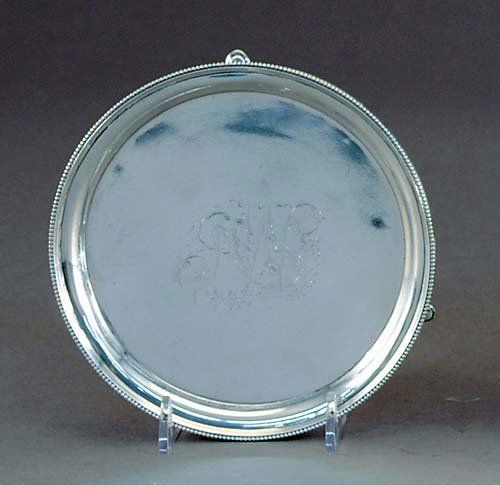 American coin silver salver, Abraham Carlisle (Car: American coin silver salver, Abraham Carlisle (Carlile) Philadelphia, PA (wk. 1780-94)round beaded and molded rim with engraved center panel with initials AW, raised on three pad feet; bearing the tou
