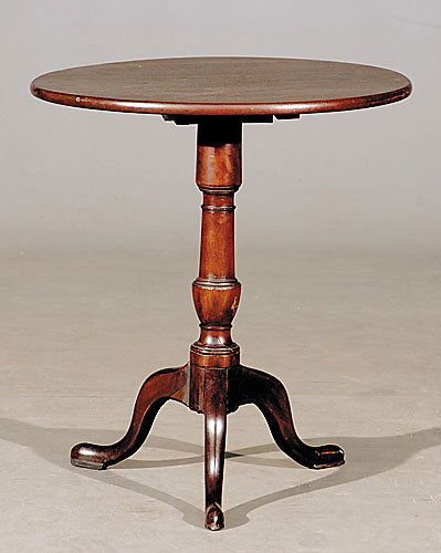 Two Georgian style mahogany tea tables: Two Georgian style mahogany tea tables 19th/20th centuryone round, one dished top over baluster-turned stem, on three S-curved legs with snakepad feet. (Nicks, scuffs and scratches consistent with age
