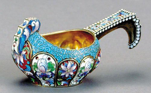 Russian silver-gilt and enamel miniature kovsh: Russian silver-gilt and enamel miniature kovsh first half 20th centuryfine champleve enamelwork in floral motif; marked: 84 standard, and maker Gabriel Grachev.H1 1/2" L3 1/2" W2 5/8", and 1.9oz