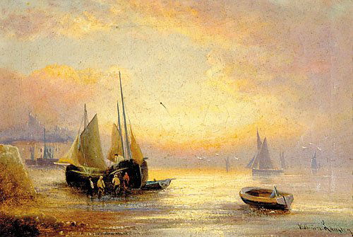 William Langley: William Langley British (1852-1922)SUNSET, FISHERMEN LAGGING ASHOREoil on canvas, framed, signed & titled: versoH8" W12"Provenance: Estate of Jennie C. Dreher.