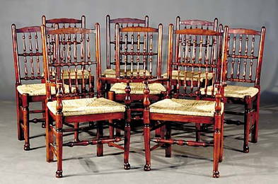 549: Maple and rush dining chairs, set of eight