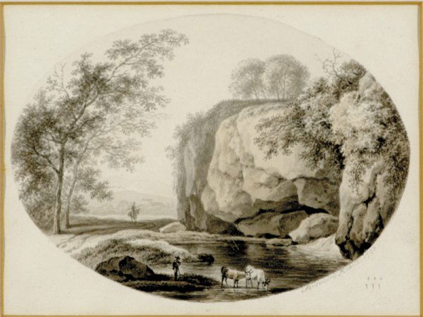 Ferdinand Kobell: Ferdinand Kobell Ferdinand Kobell German (1740-99)SWISS LANDSCAPEwatercolor, framed, signed & dated: lower right, 1793, inscribed: verso, Provenance: Dreweatt Neate.sight size: H5" W6 3/4" Provenance