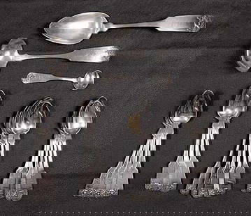 American coin silver flatware New York, circa 1820: American coin silver flatware New York, circa 1820-40 'Basket of Flowers' pattern, consisting of: six teaspoons, by Charles Brewer & Co, L5 1/2"; five teaspoons, by Elijah Morgan, L6"; three