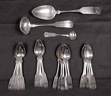 American coin silver flatware New York, circa 1820: American coin silver flatware New York, circa 1820-40 'Basket of Flowers' pattern, consisting of: six teaspoons, by Charles Brewer & Co, L5 1/2"; five teaspoons, by Elijah Morgan, L6"; three