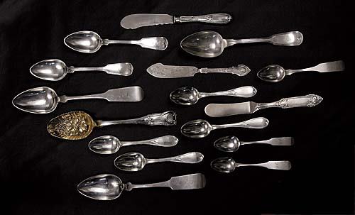 American coin silver flatware New York, NY, circa: American coin silver flatware New York, NY, circa 1817-47 pair 'French Thread' spoons, by Seymour Hoyt, L7"; teaspoon, by John B. Scott, L5 7/8"; pair of teaspoons, by Henry C. Porter & Co, L5 1/8";