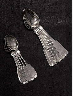 American coin silver spoons Utica, NY, circa 1823-: American coin silver spoons Utica, NY, circa 1823-58 set of six teaspoons engraved N. Stoddard, by Maynard & Taylor, L6"; and a set of six spoons engraved LC, by Richard Huntington, L7 1/4". (Good