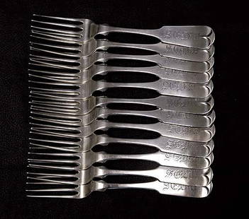 Twelve coin silver forks, by Albert Coles New York: Twelve coin silver forks, by Albert Coles New York, circa 1850 'Plain Tipt' pattern with engraved initials SFDW, marked by retailer: CW Wadsworth. (Good condition)@Size:L6 3/4", 466 grams