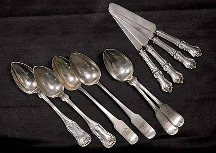 American coin silver serving pieces and knives 183: American coin silver serving pieces and knives 1830-65 pair 'Kings' serving spoons, by Ball, Black & Co, L8 1/2"; pair 'Reverse Tipt' serving spoons, by James S. Mott, L9"; four 'Prince Albert'