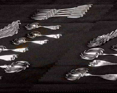American coin silver flatware Massachusetts, circa: American coin silver flatware Massachusetts, circa 1821-50 'Basket of Flowers' serving spoon, by Edward E. Watson, L8 3/4"; teaspoon, serving spoon and set of four forks by Bigelow Bros & Kennard, L5