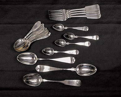 American coin silver flatware Massachusetts, circa: American coin silver flatware Massachusetts, circa 1821-50 'Basket of Flowers' serving spoon, by Edward E. Watson, L8 3/4"; teaspoon, serving spoon and set of four forks by Bigelow Bros & Kennard, L5