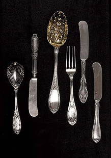 American coin silver flatware, by Albert Coles New: American coin silver flatware, by Albert Coles New York, circa 1835-75 three butter knives, L7 1/4"; 'Jenny Lind' sugar shell and fork, L6 3/4" and 7"; berry serving spoon with vermeil bowl, L9"