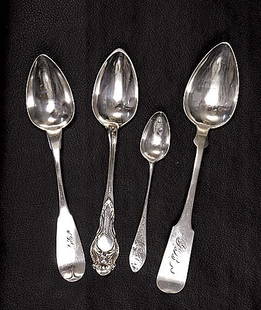 Connecticut coin silver spoons circa 1767-1874: Connecticut coin silver spoons circa 1767-1874 demitasse spoon, by Martin Bull, Farmington, L5 1/8"; spoon, by Frederick Oakes, Hartford, L7 1/8"; spoon, by JO & W Pitkin, East Hartford, L8 1/8";