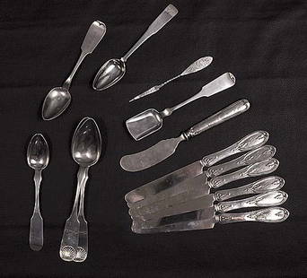 American coin silver flatware Philadelphia, PA, ci: American coin silver flatware Philadelphia, PA, circa 1814-50 various patterns engraved with names and initials, consisting of: butter server, by Baldwin Gardiner, L7 1/8"; three teaspoons, by Hugh